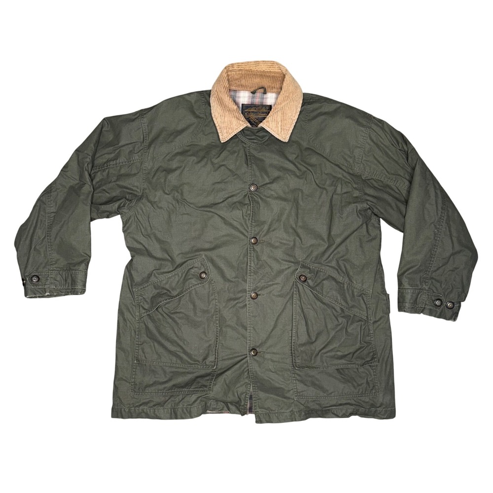 Eddie Bauer Barn Coat Mens XL Green Fair Distressed Corduroy Collar‎ Plaid Lined